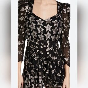 LoveShackFancy Caden in Black Metallic Star Silk Puff-Sleeve Mini Dress 2